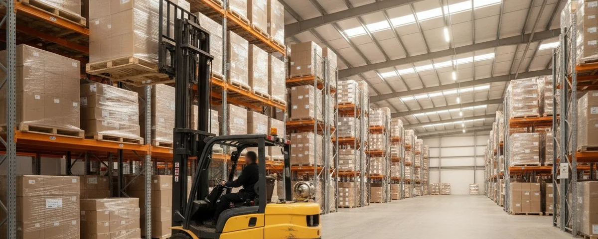 Forklift lifting a shrink-wrapped pallet of boxes inside a distribution warehouse