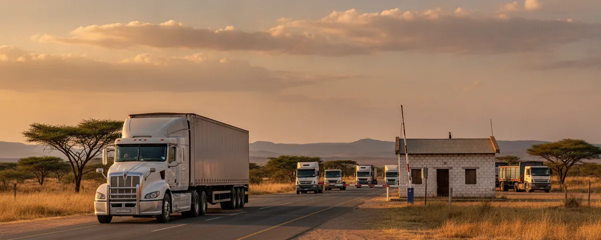 A freight truck waiting to cross at a Southern African border post, with a queue of trucks and a customs control building beyond the boom gate