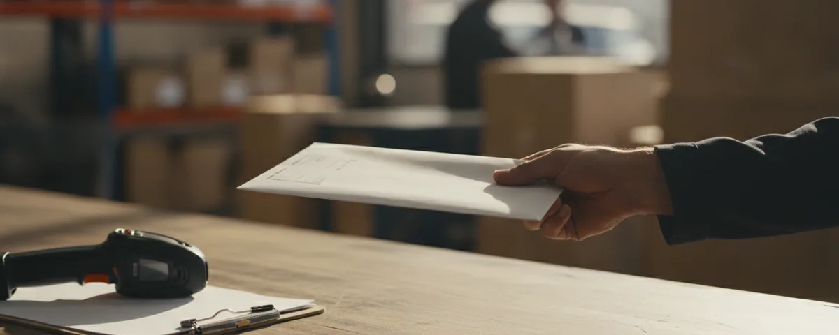 A courier's hands passing a white A4 document envelope across a depot counter to a customer