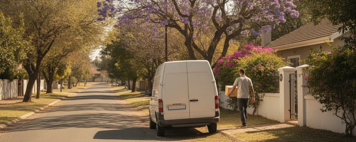 White delivery van in a South African suburban street while a courier carries a parcel to a front door