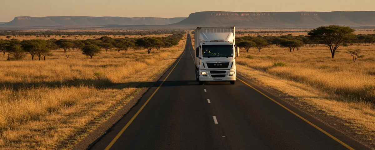 White articulated freight truck travelling an open South African highway on a scheduled economy road-freight route