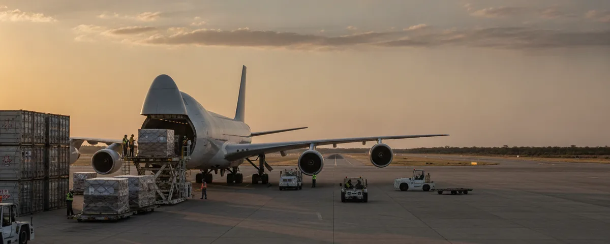 A cargo aircraft parked on an airport apron at dusk, with palletised freight lined up alongside waiting to be loaded through the main deck door