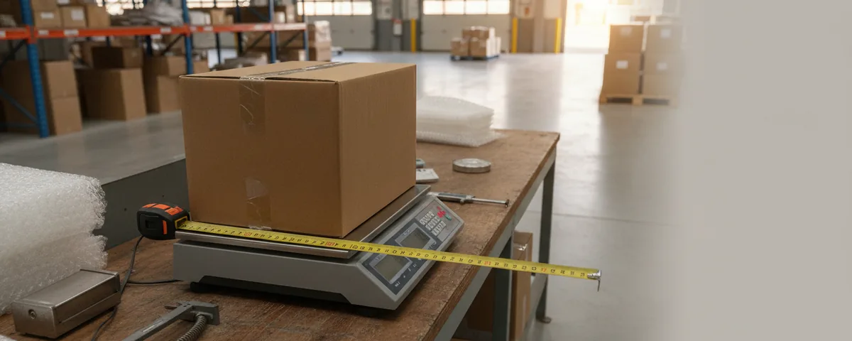 A sealed cardboard parcel standing on a depot weighing scale, with an extended steel tape measure laid alongside it to record the box dimensions